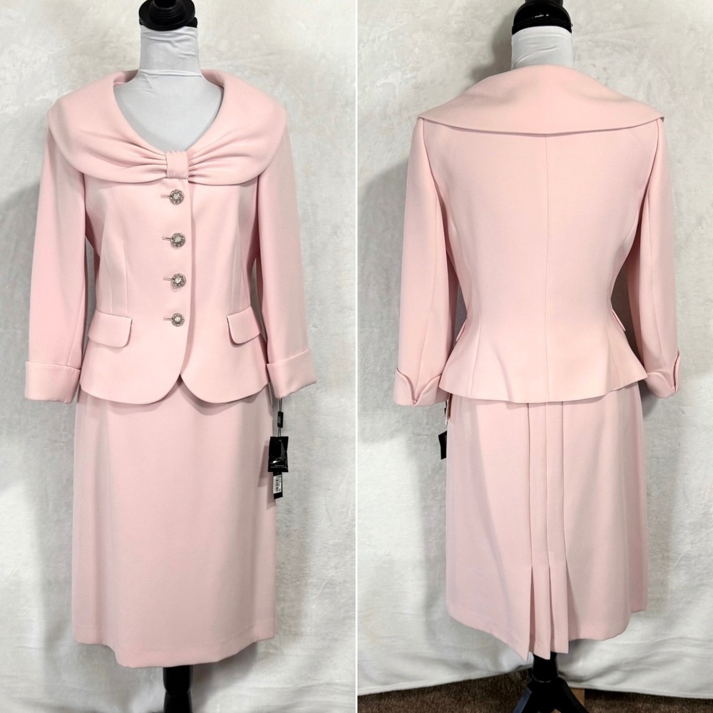 NWT Tahari ASL Pink Skirt Suit Size 6 4 Bow Collar Jacket Spring Pastel 2 Pc Set - Picture 3 of 16
